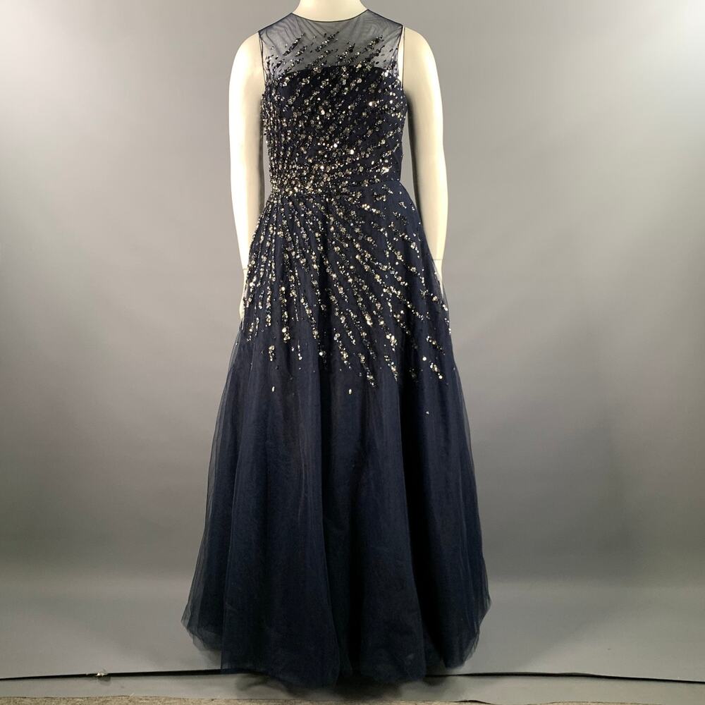 CAROLINA HERRERA Size 14 Navy Silver Nylon A-Line Long Gown